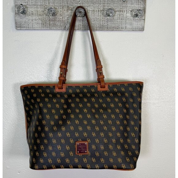 Dooney & Bourke Guetta Large Tote Bag Brown Tan Trim Leather DB Logo Monogram - Picture 1 of 15